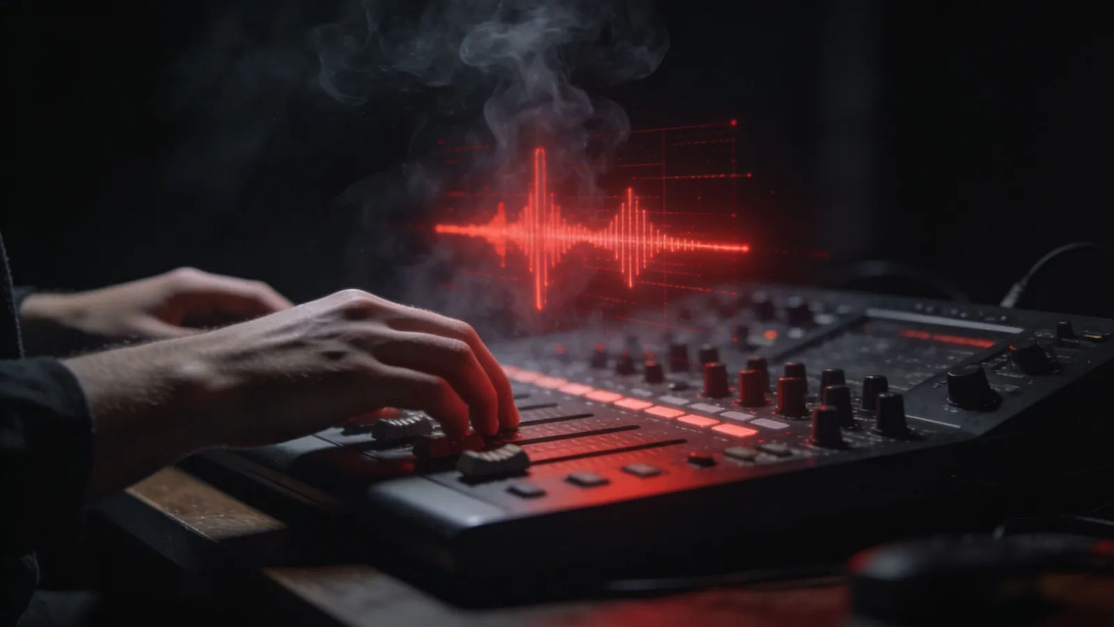 Hands at console with ominous red interface