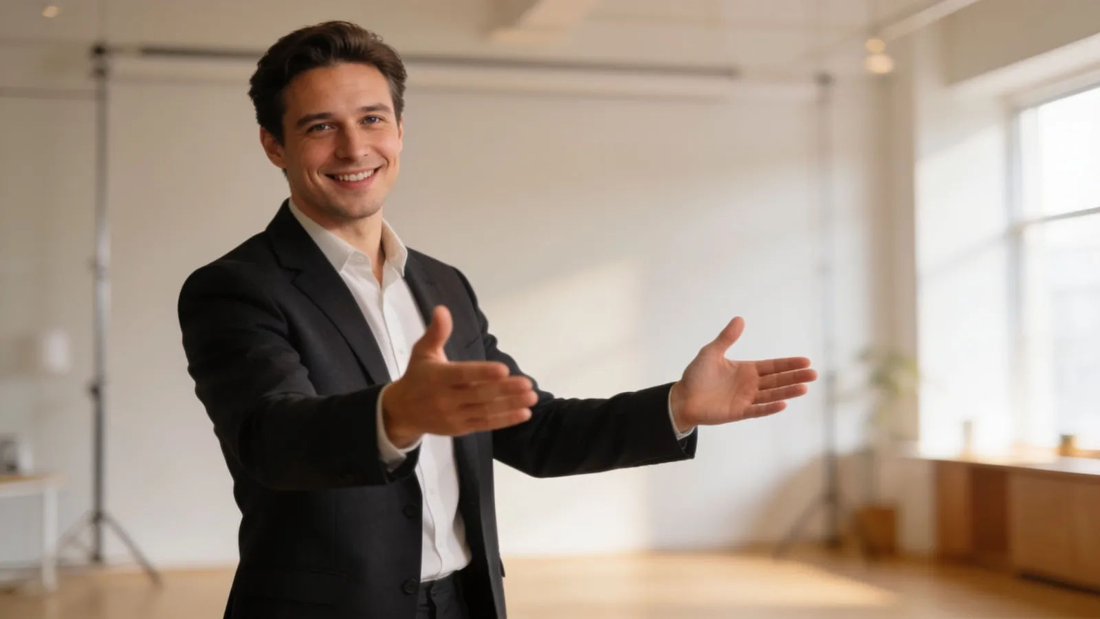 Friendly presenter gesturing toward viewer