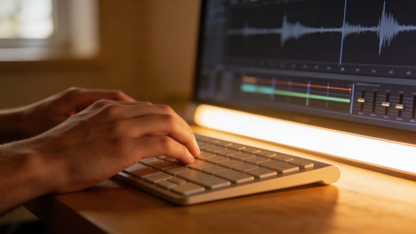 Hands at tidy daylit audio workspace