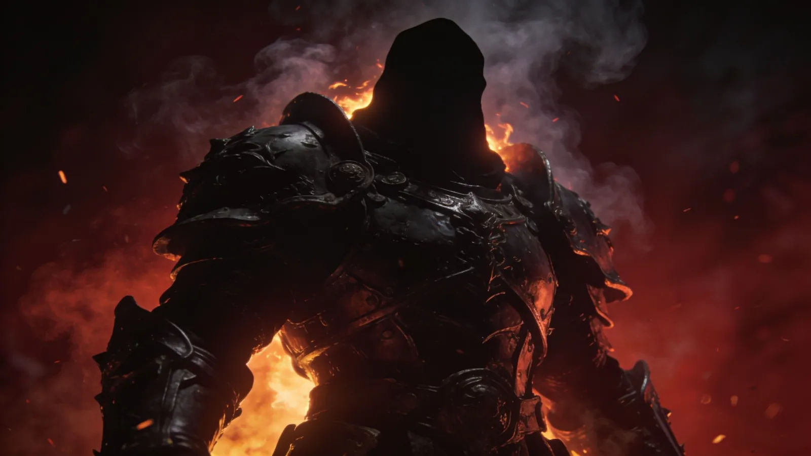 Faceless armored figure backlit by embers