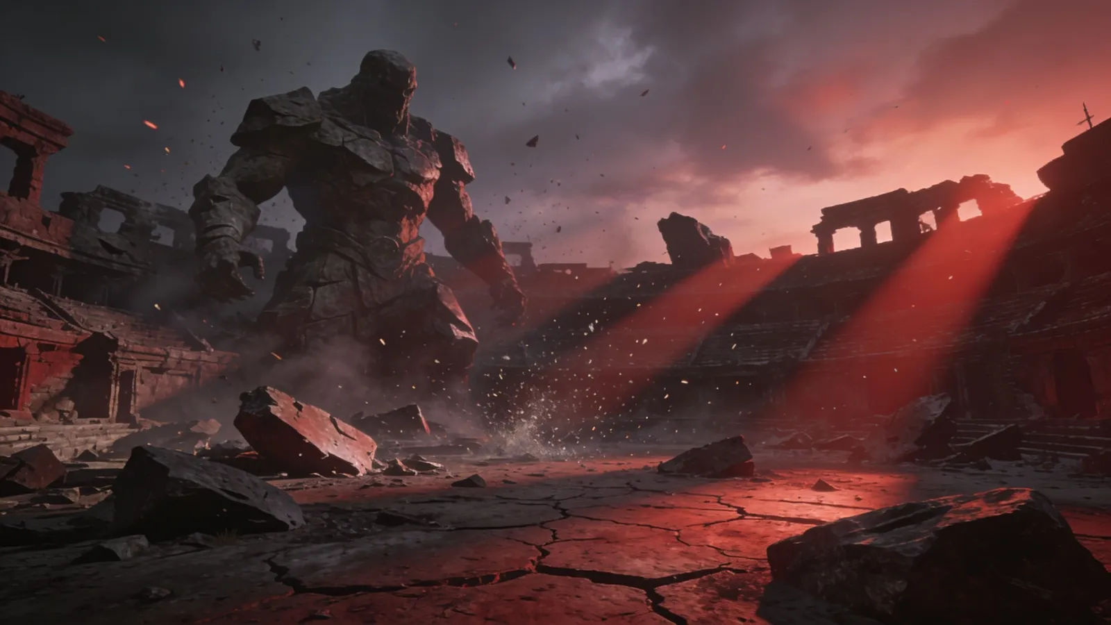 Epic ruined battlefield arena at dusk