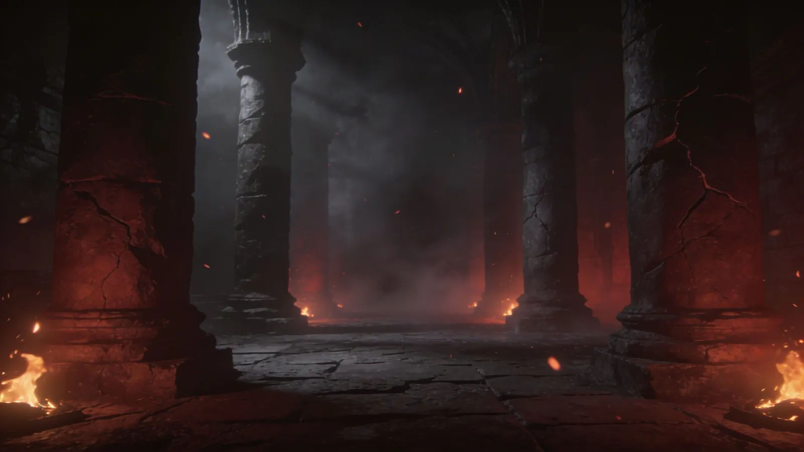 Foreboding fog-filled gothic hall with drifting embers