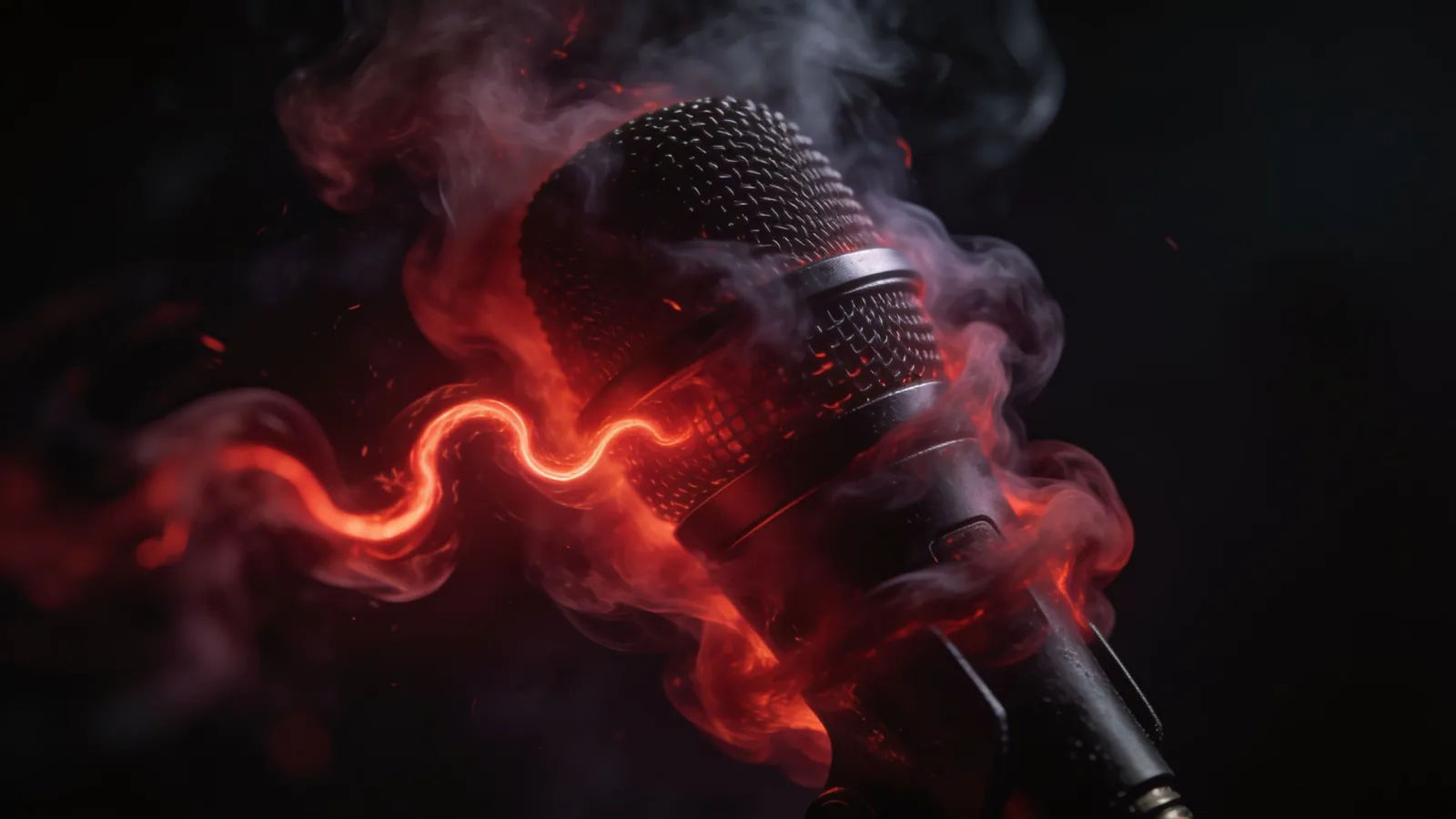 Dark microphone wreathed in crimson ember waveform