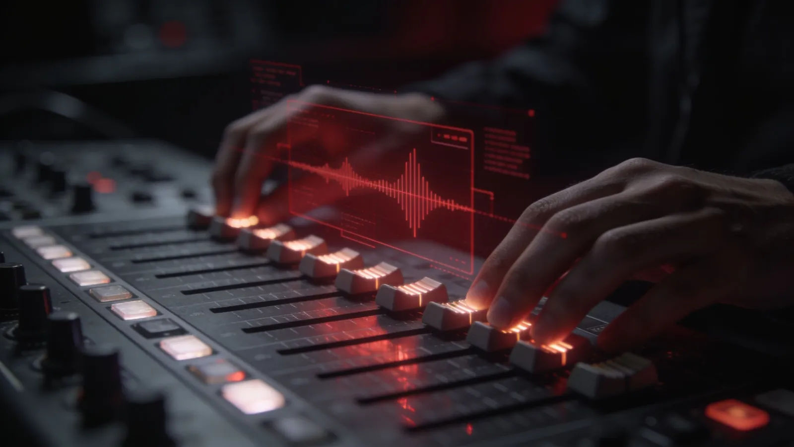 Hands at console with red waveform UI