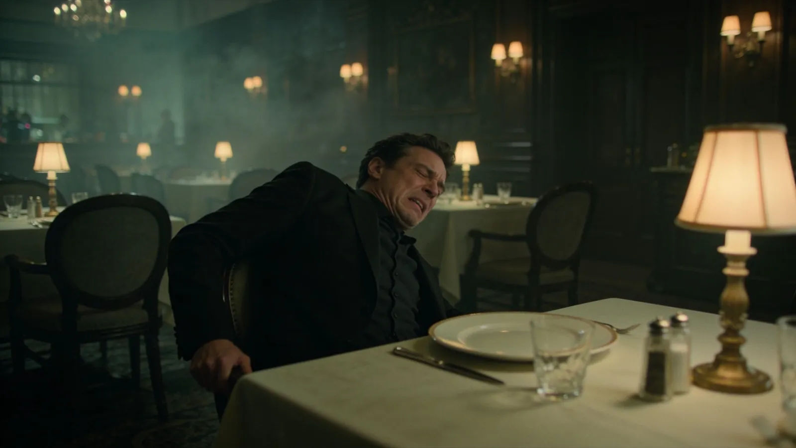 Figure recoiling from a plate at dinner