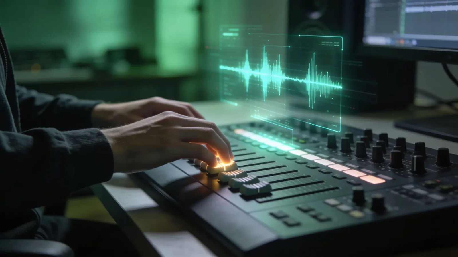 Hands at console with glowing audio interface