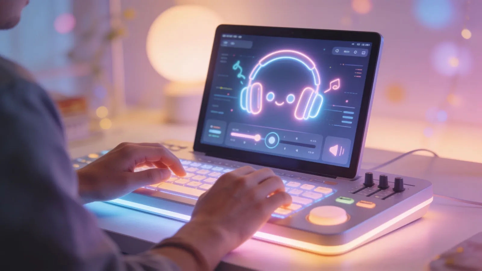 Creator hands at playful pastel audio interface