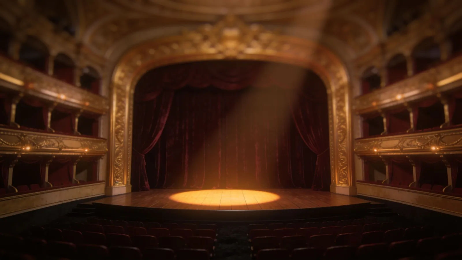 Opulent empty theatre stage with spotlight