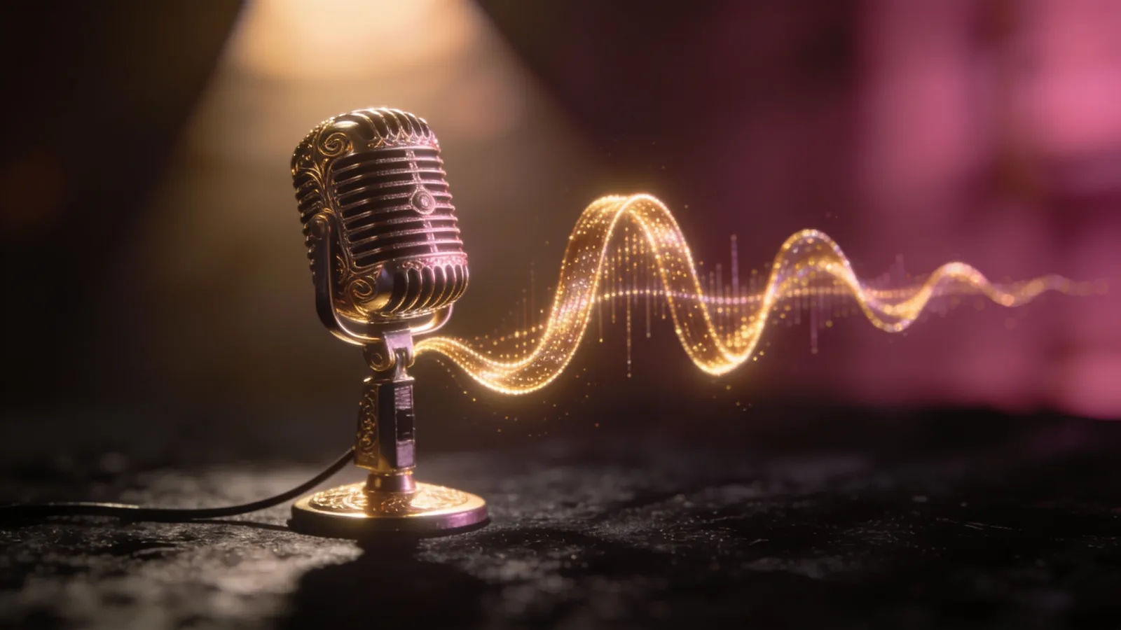 Elegant microphone with shimmering golden waveform