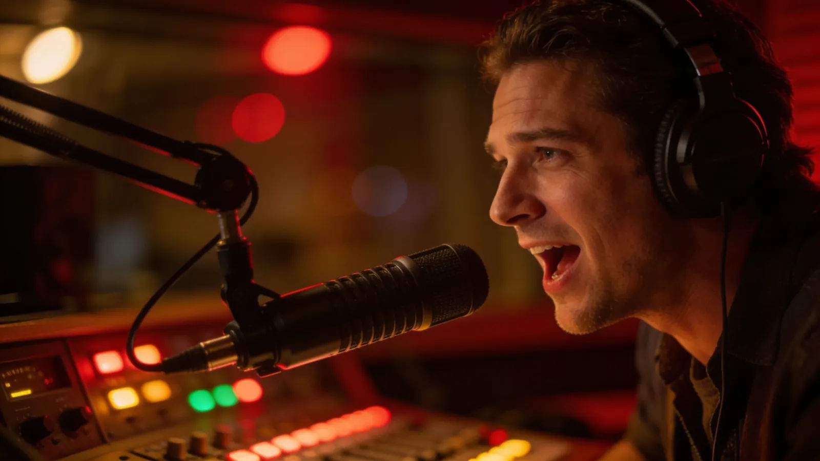 Charismatic radio host at a microphone