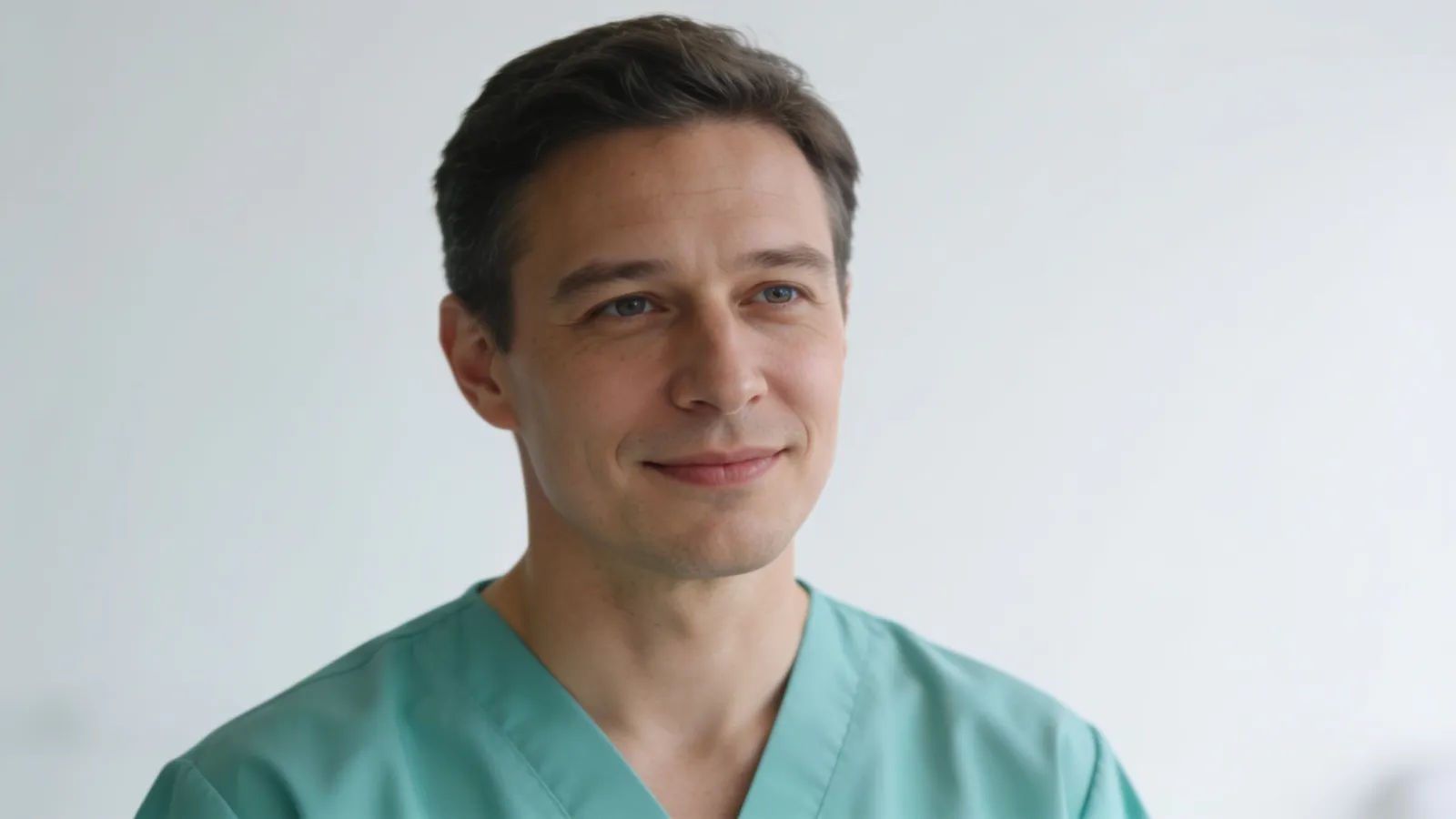 Calm clinician portrait in plain scrubs