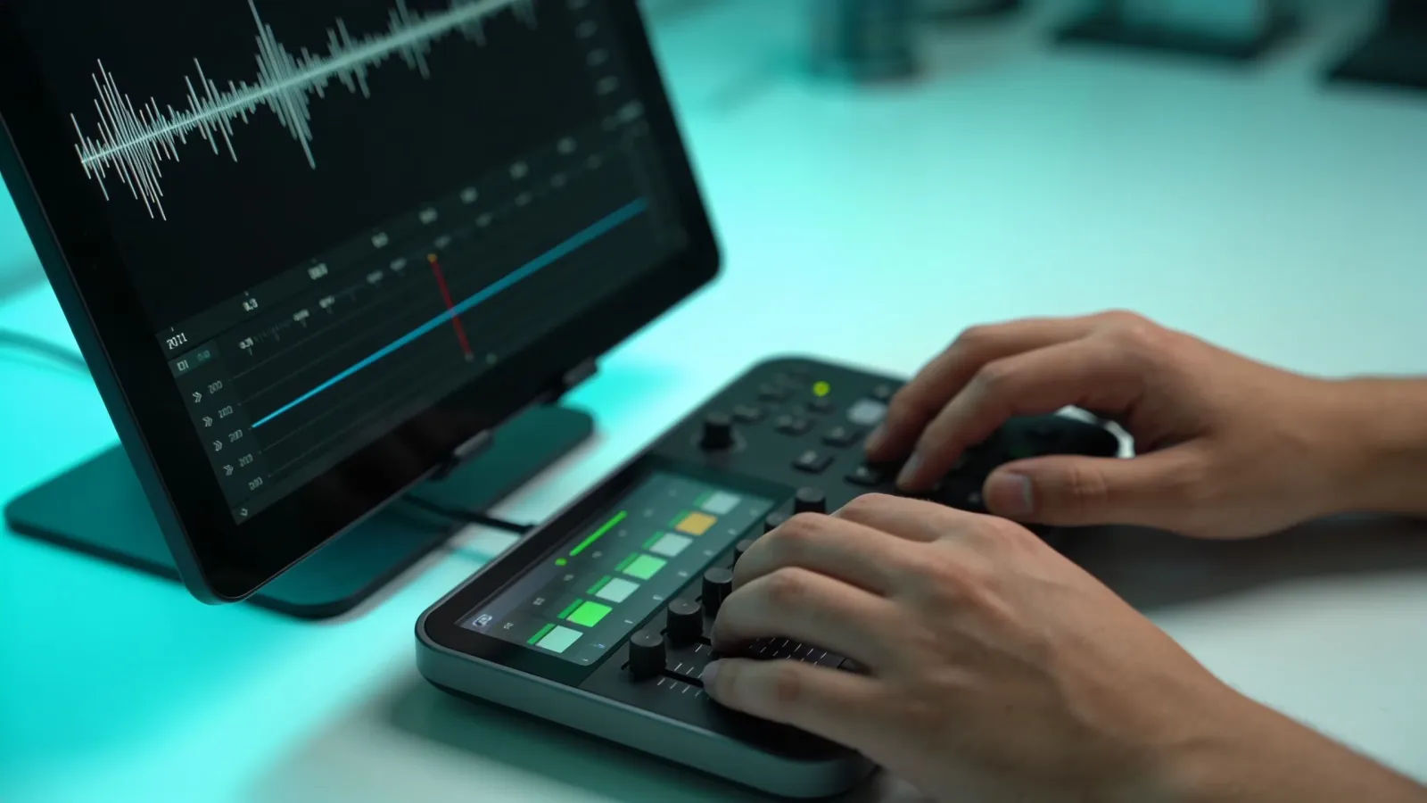 Hands at sleek teal-lit console