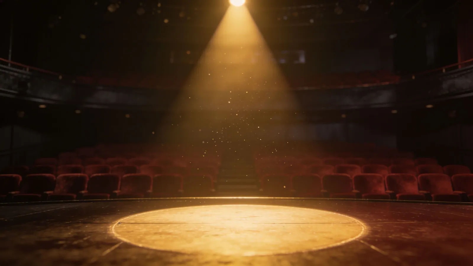 Spotlit empty theatre stage with red seating