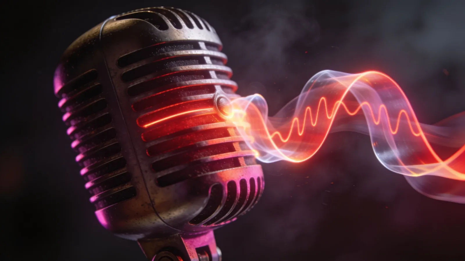 Studio microphone with glowing crimson waveform ribbon