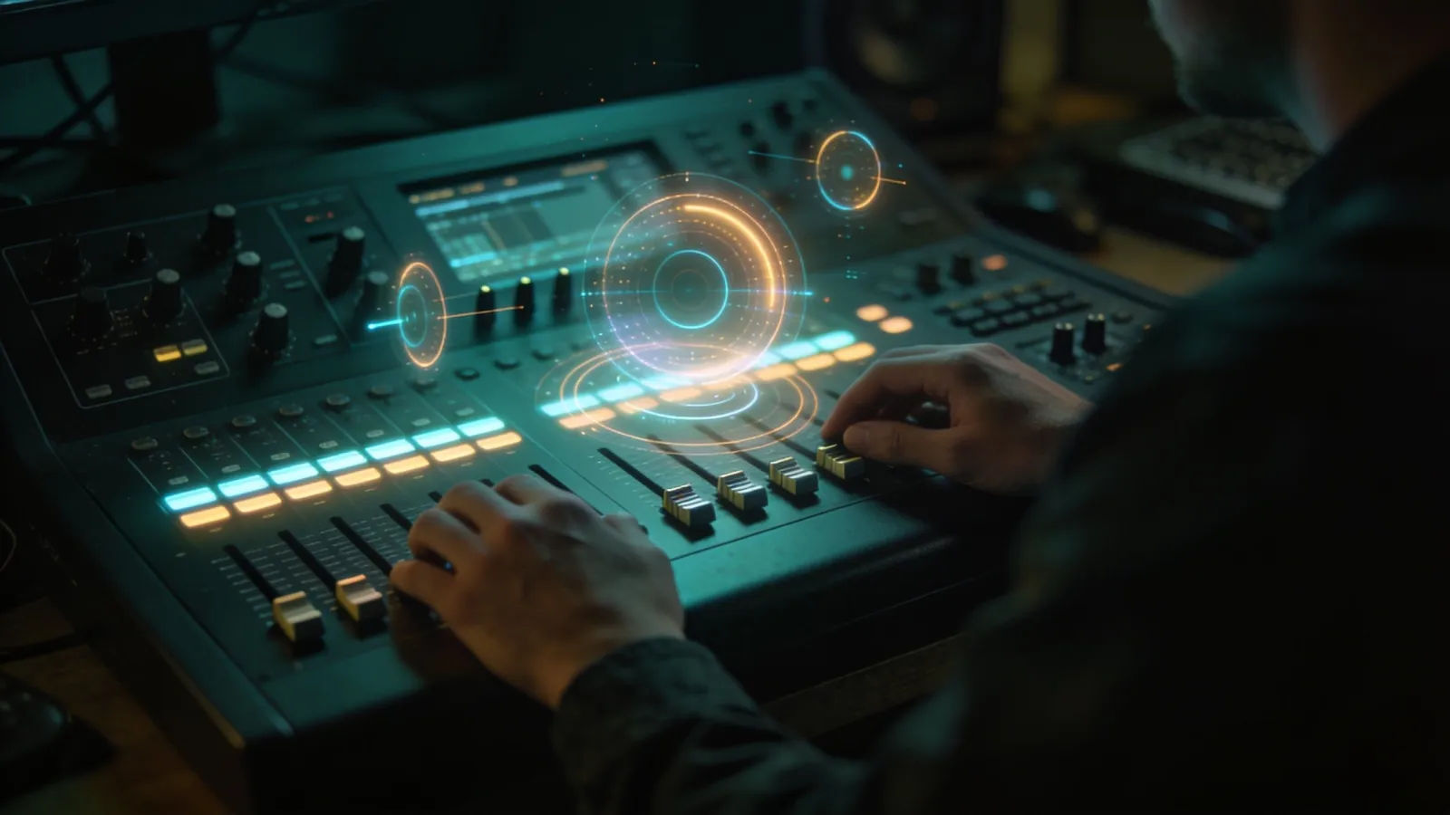 Hands at audio console with floating glowing controls