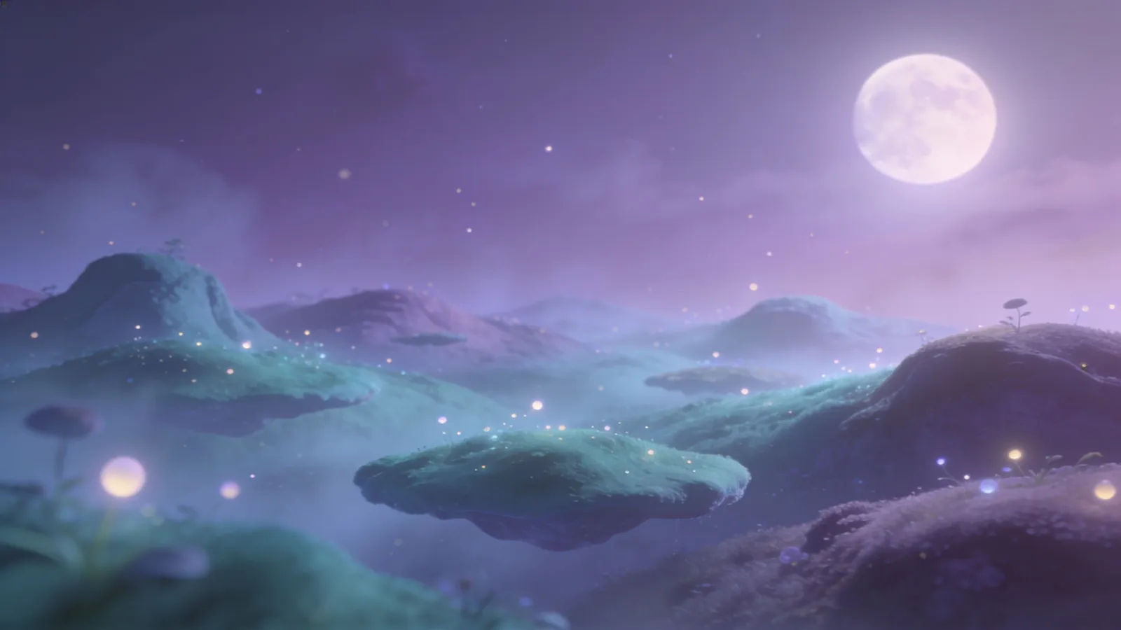 Ethereal floating storybook dreamscape at night