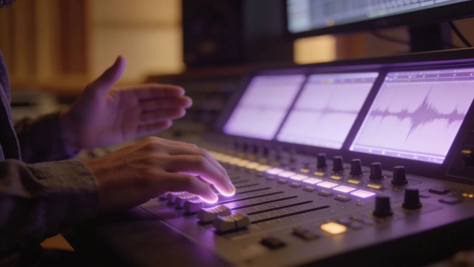 Hands at console with soft lavender UI