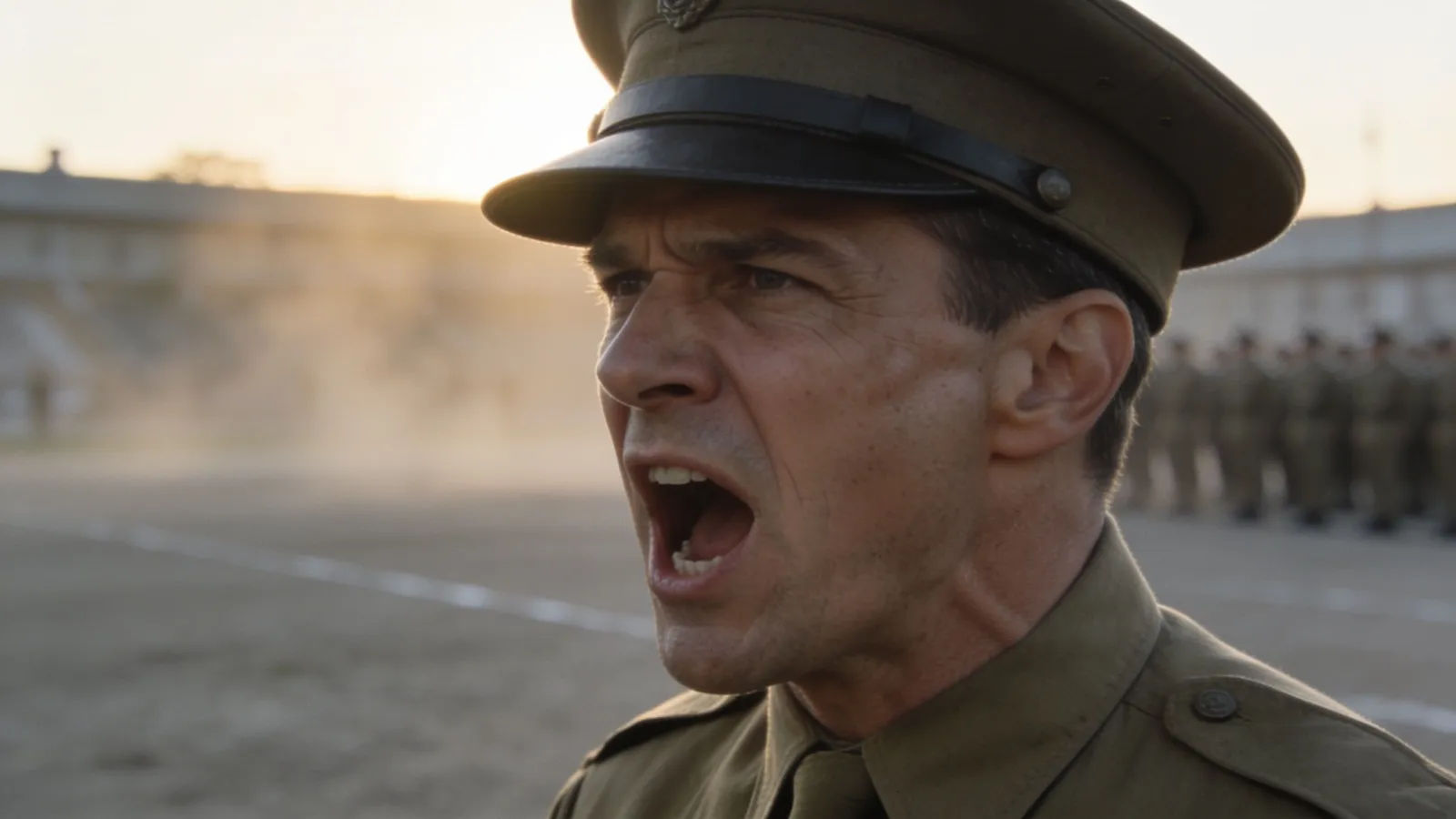 Stern military instructor barking an order at dawn