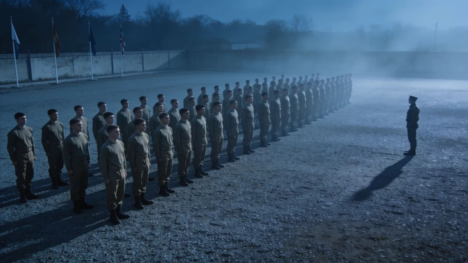Recruits at attention on a misty parade ground