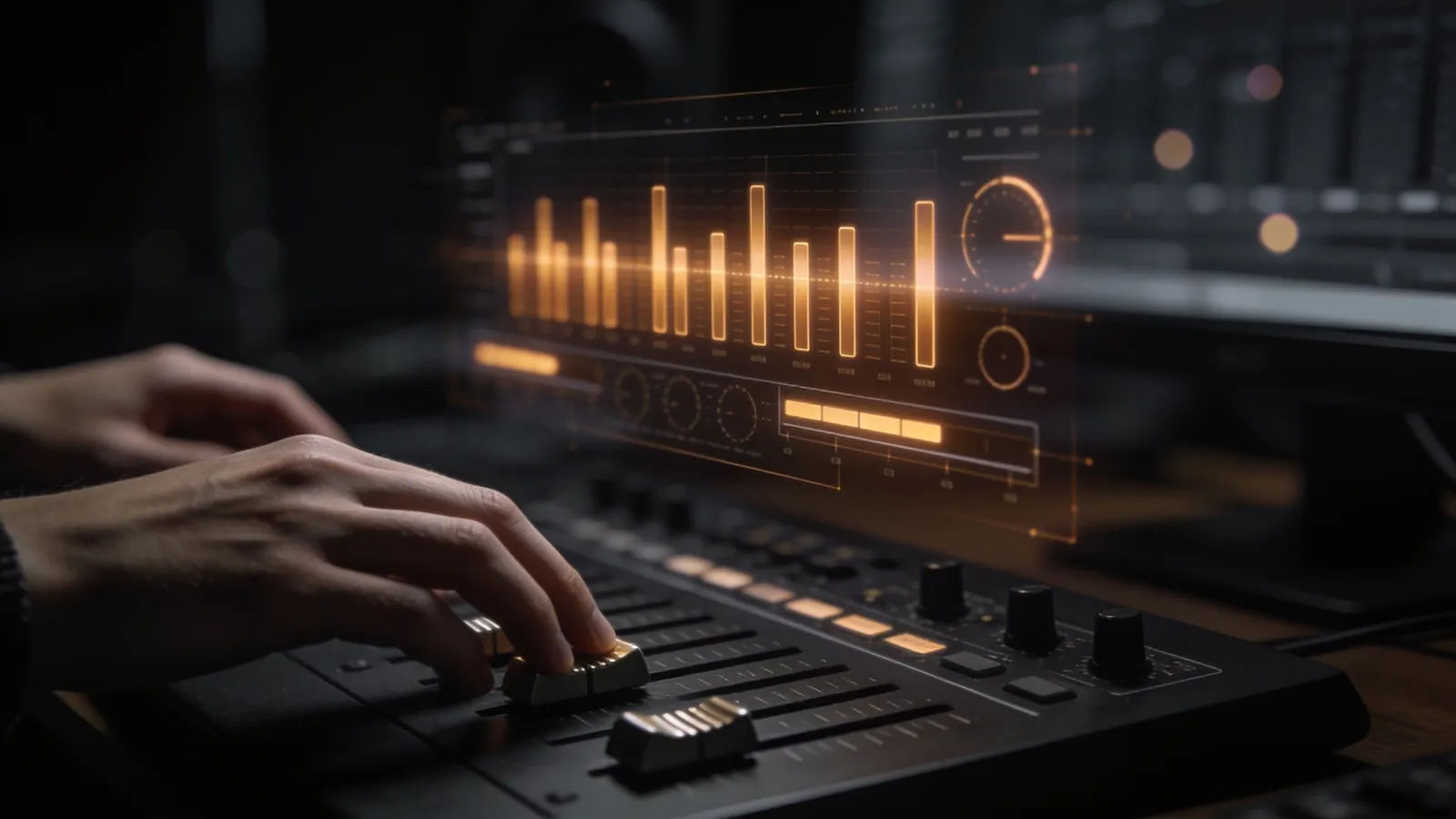 Hands on a console with glowing amber audio interface