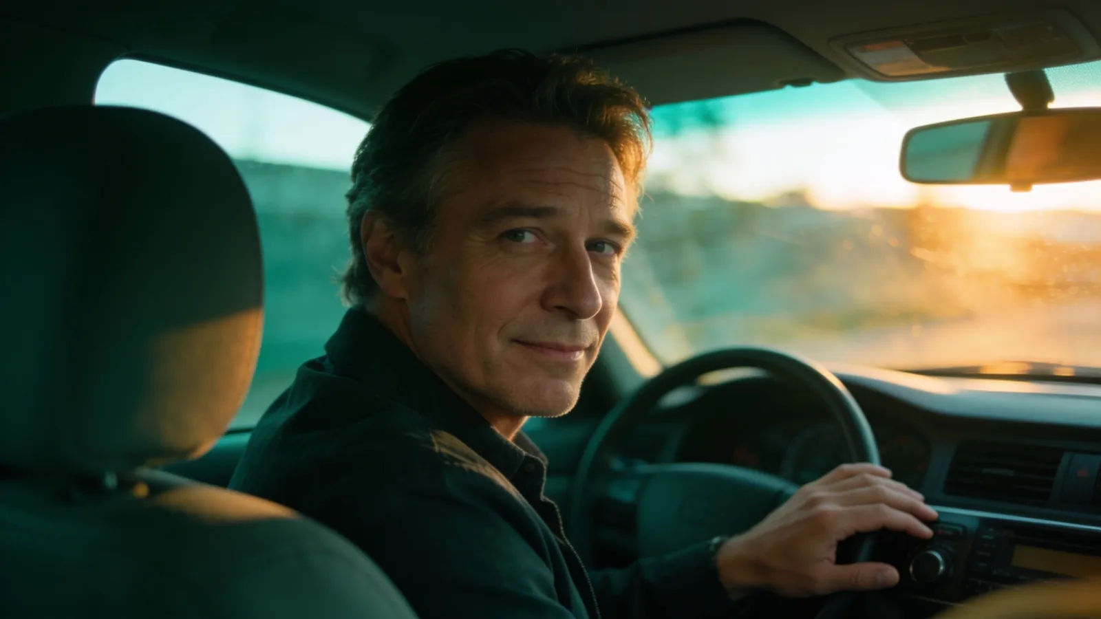 Calm driving coach in car passenger seat, cinematic portrait