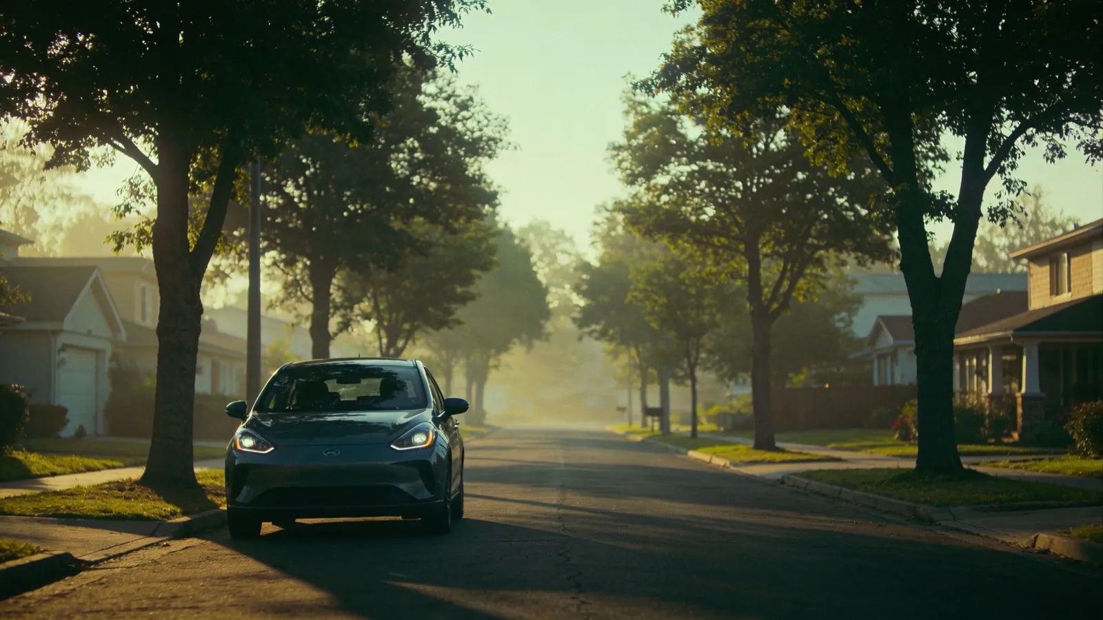 Quiet suburban practice road with learner car at golden hour