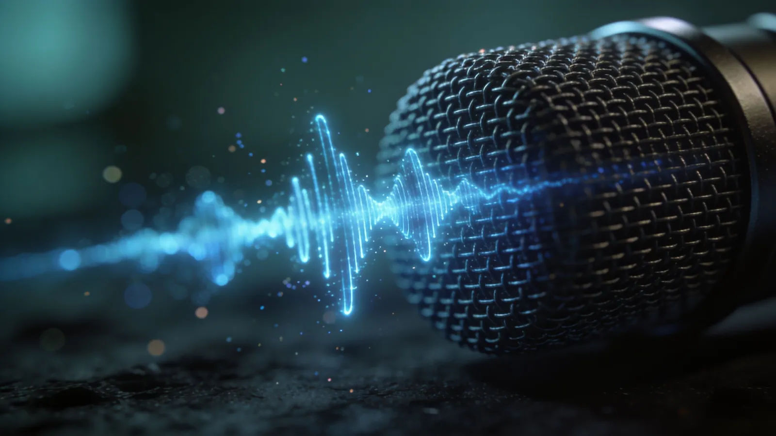 Glowing blue waveform over a studio microphone, macro
