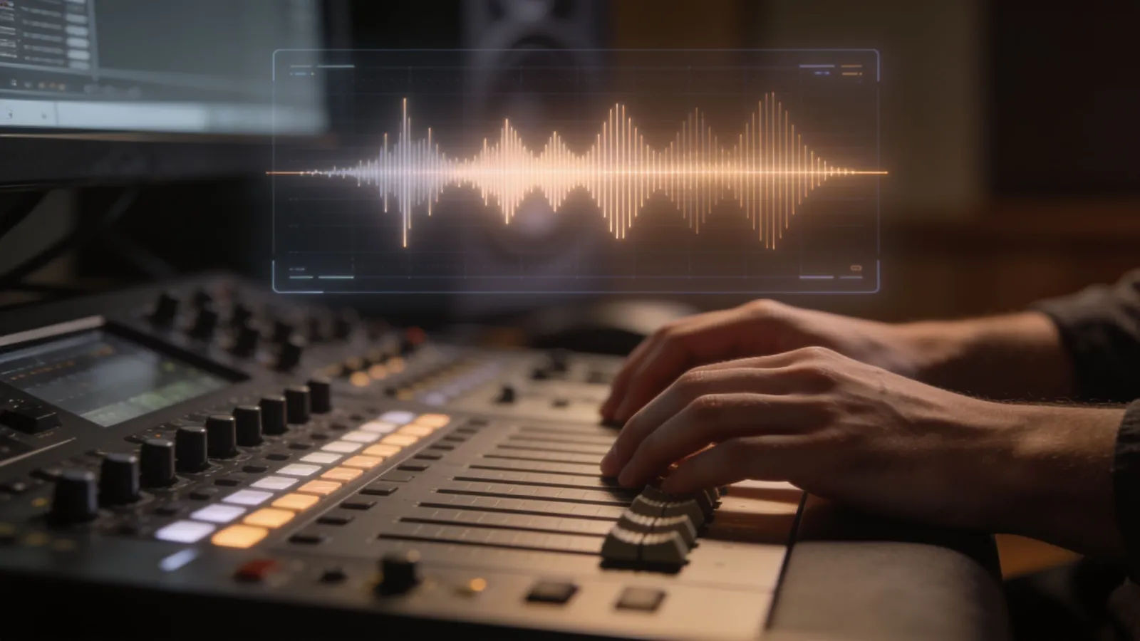 Hands at audio console with floating waveform interface