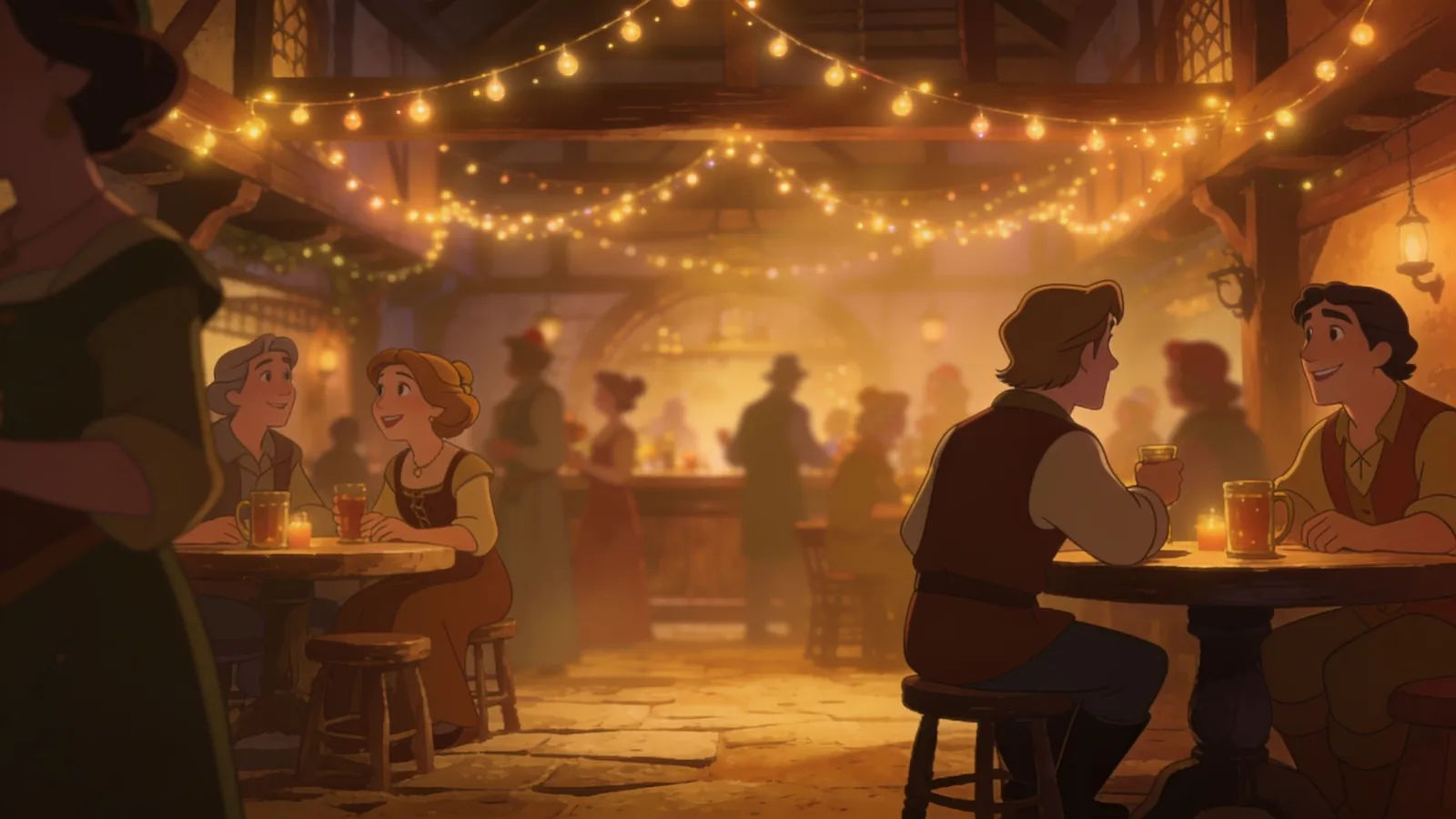 Warm tavern party with fairy lights and haze