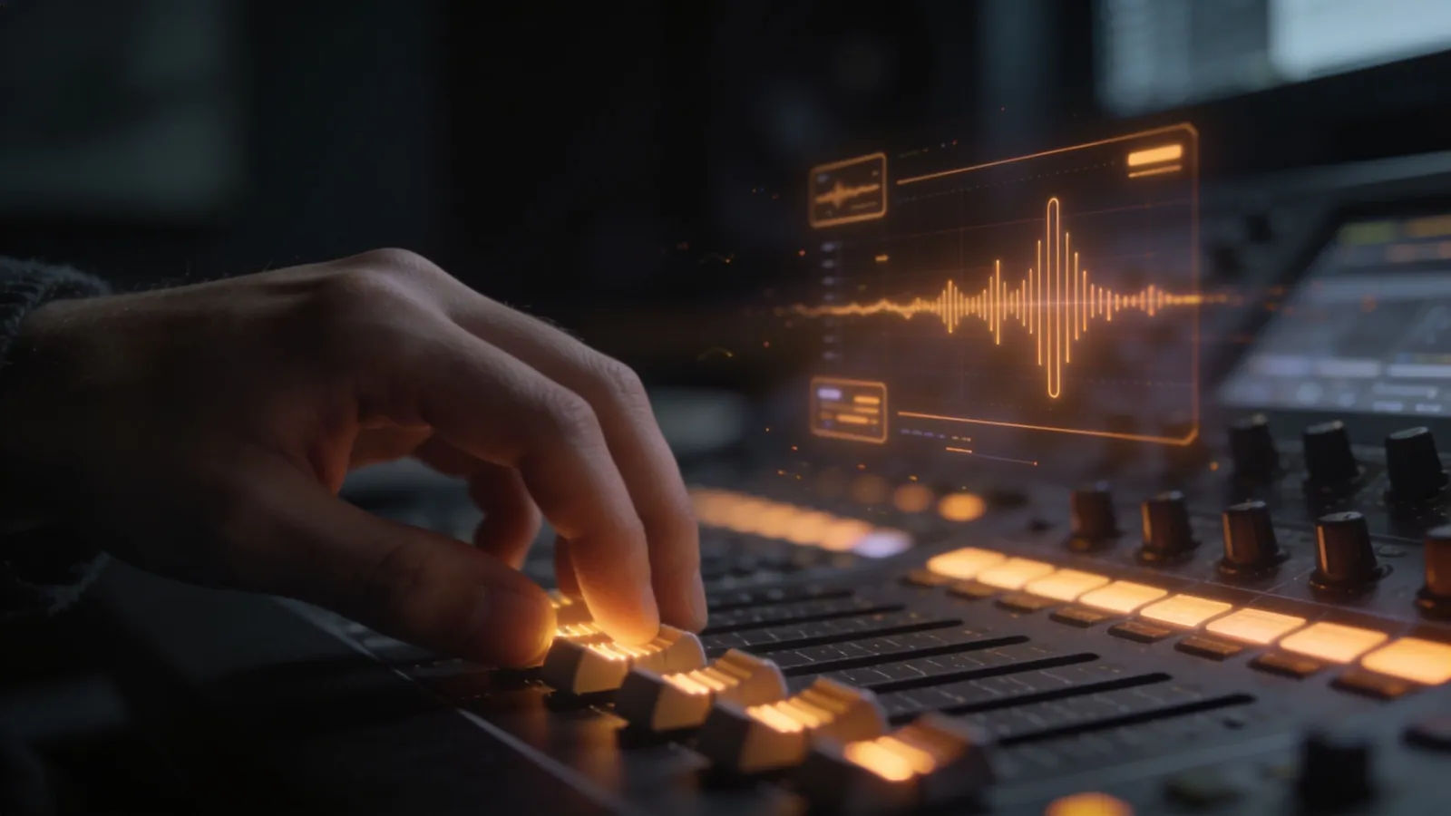 Hands at console with playful amber waveform UI