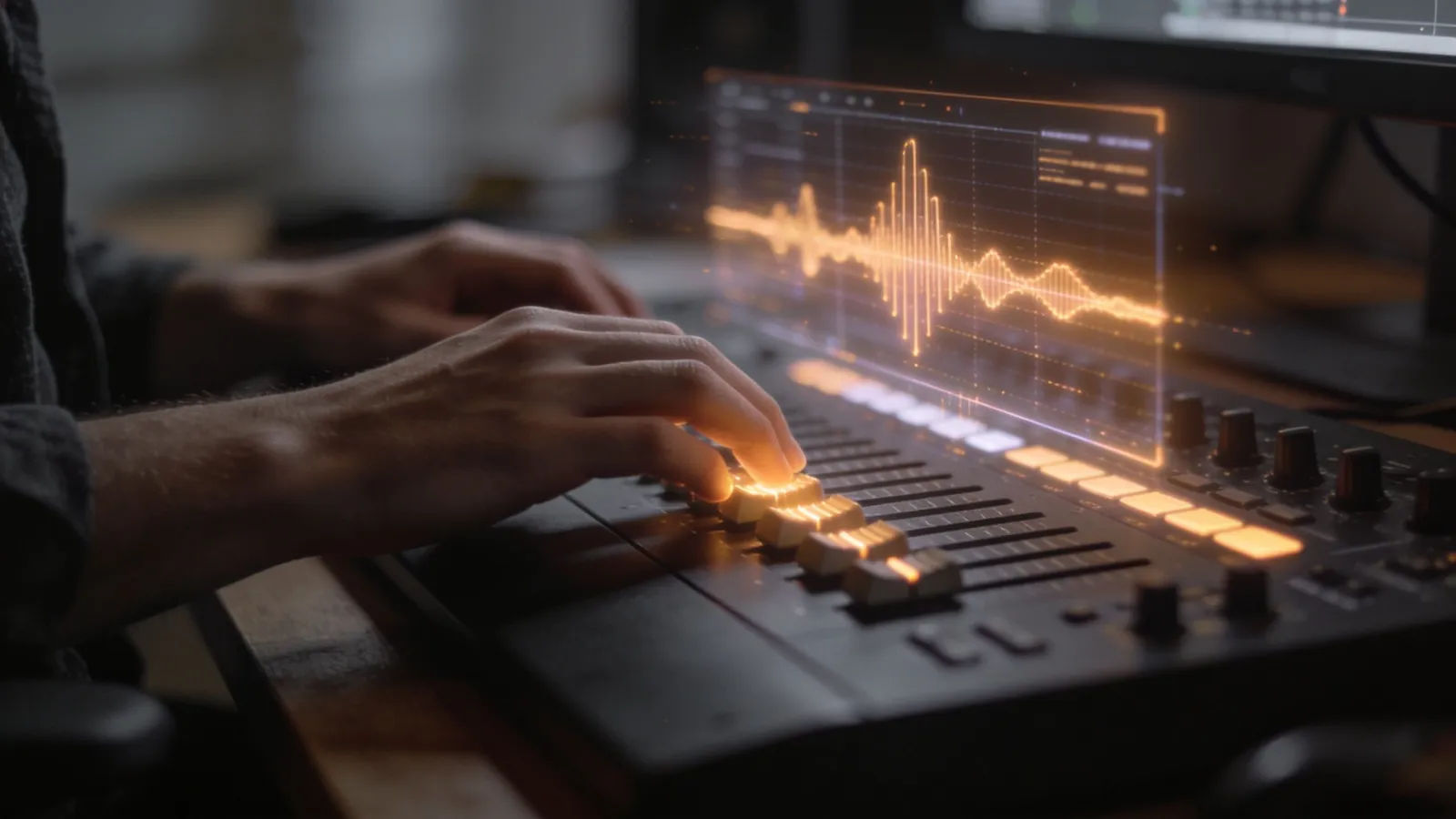 Hands at console with glowing audio interface