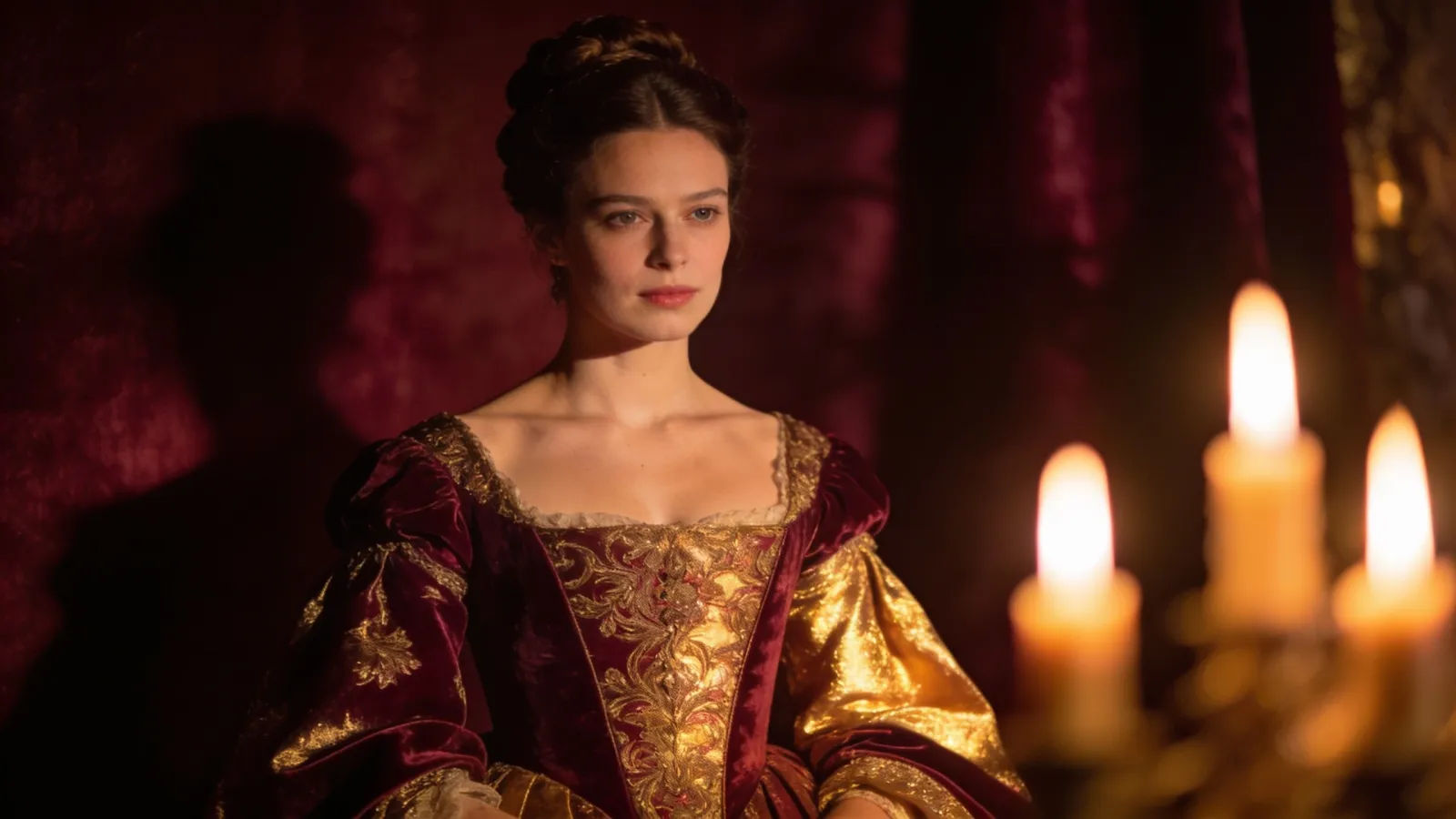 Poised aristocratic woman in candlelit regal portrait