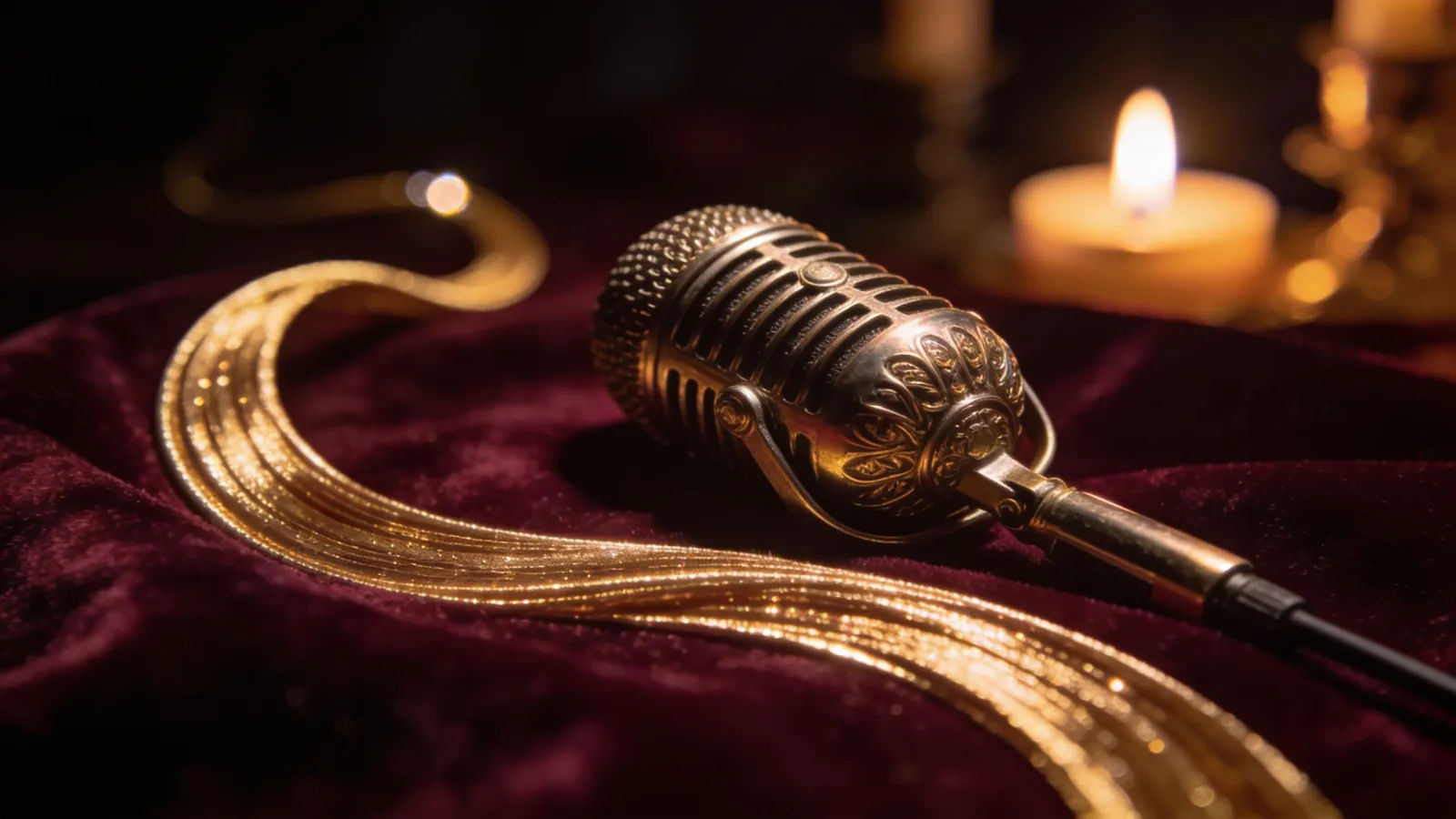 Ornate vintage microphone on velvet, golden waveform