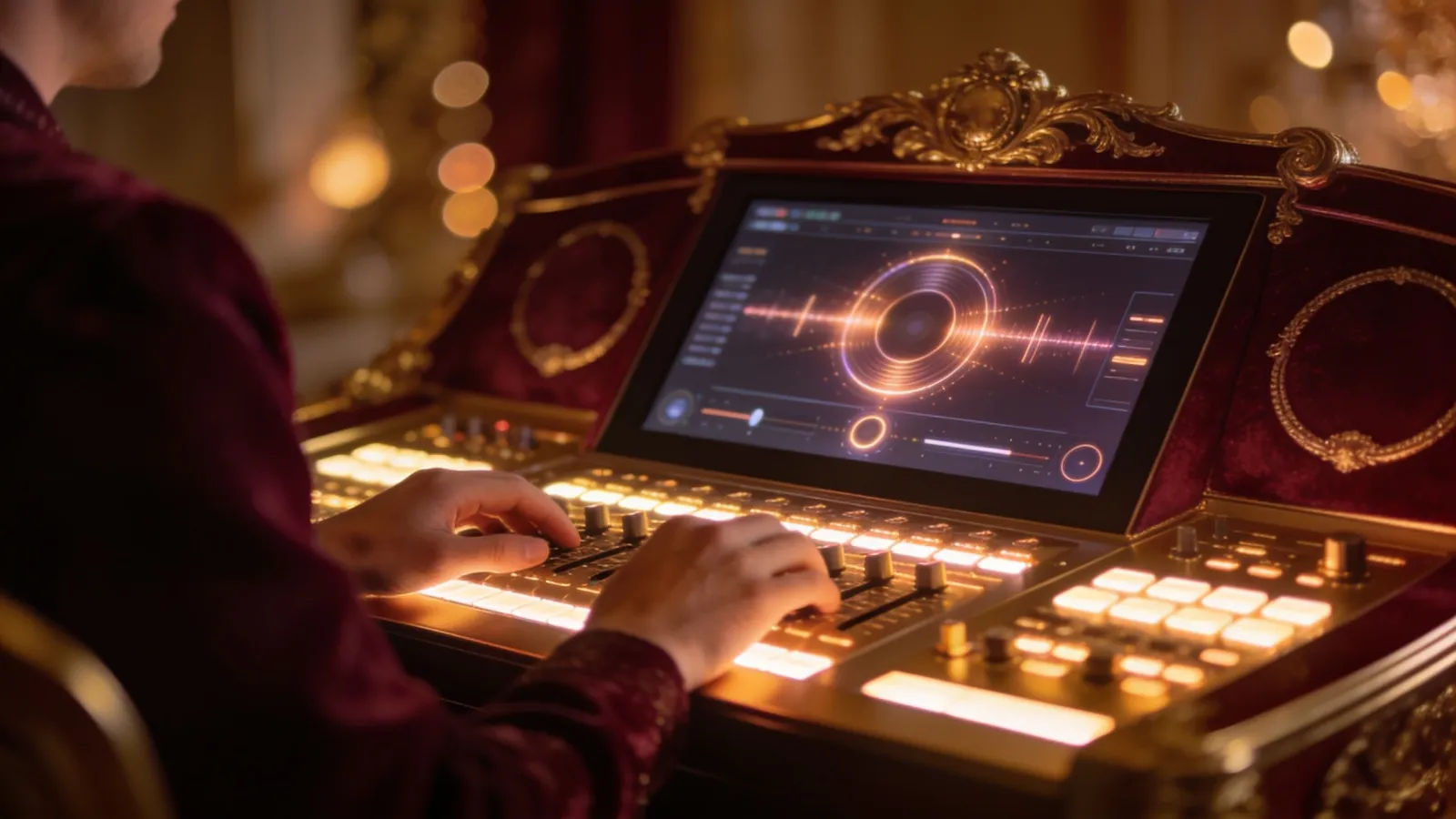Creator hands at elegant regal audio console