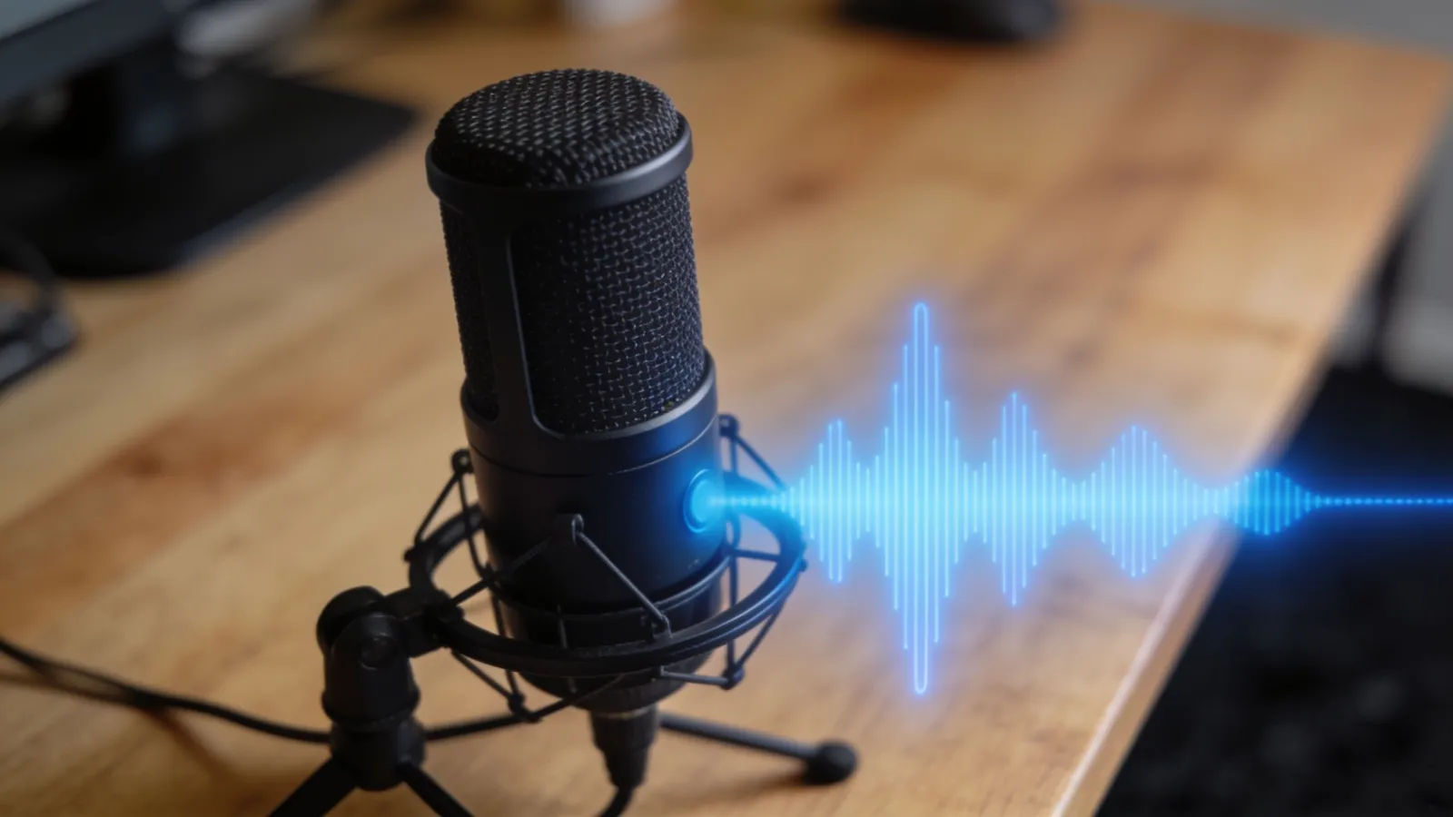 Casual podcast microphone with mellow blue waveform