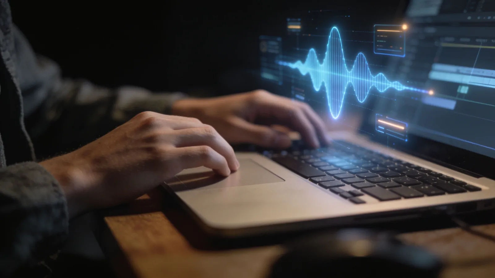 Hands at desk with blue audio interface