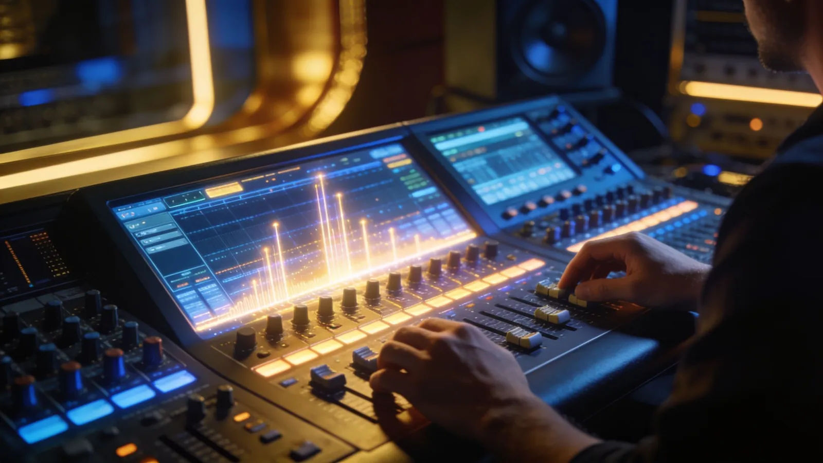 Hands on dynamic glowing mixing console