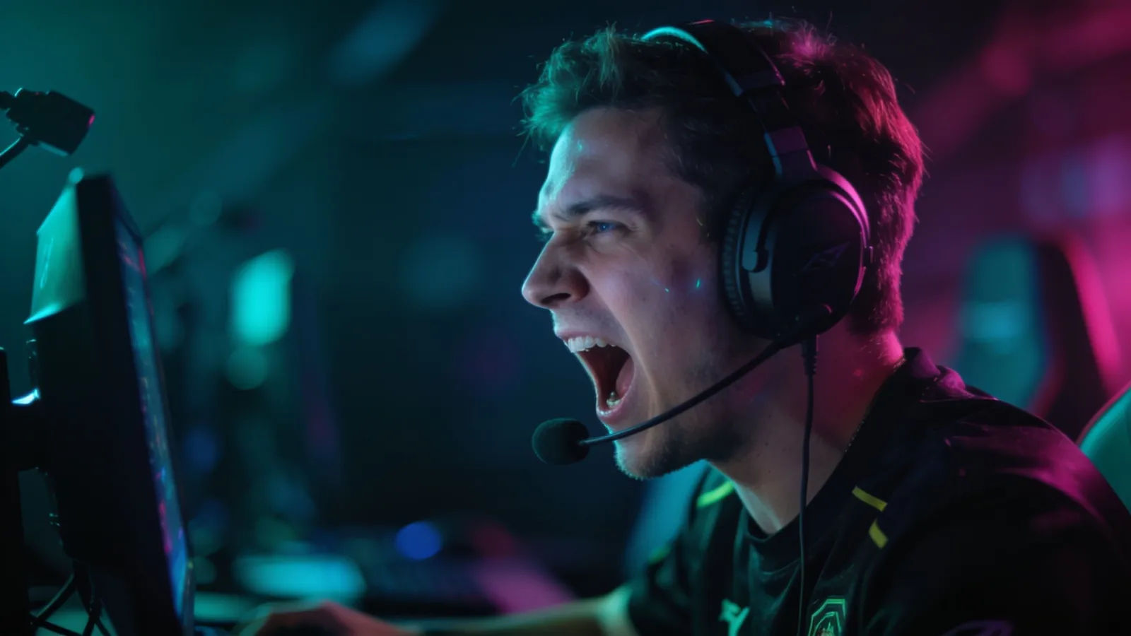 Energetic esports shoutcaster at a broadcast desk with headset
