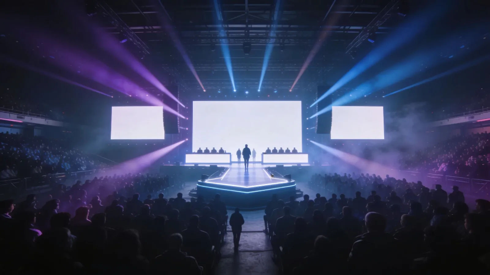 Packed tournament arena with glowing stage and colored beams