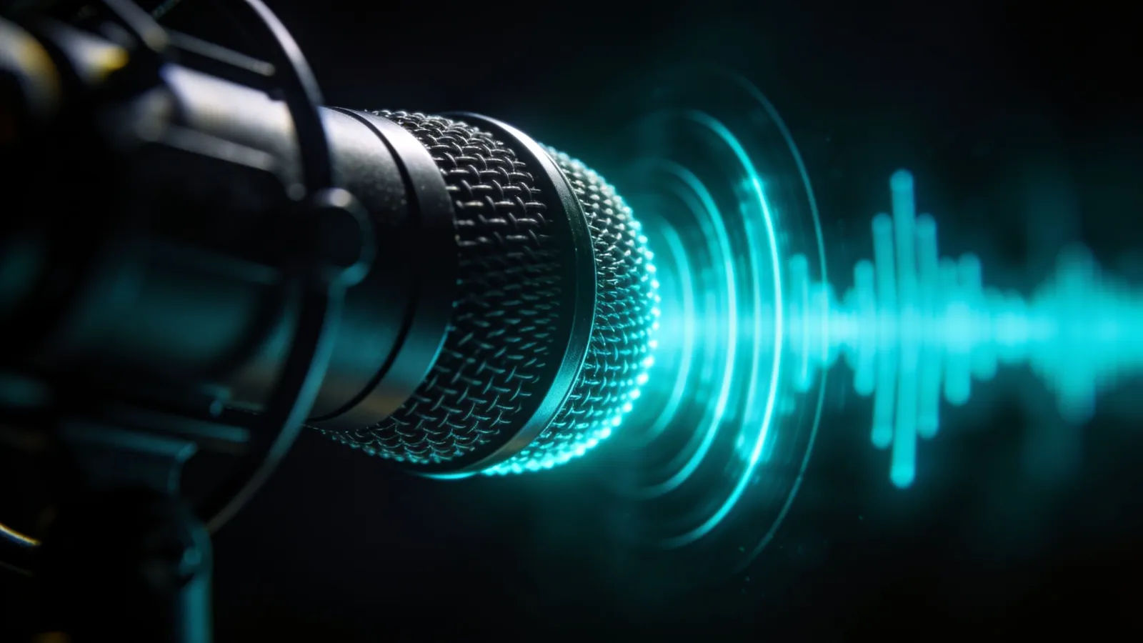 Broadcast microphone with glowing cyan audio waveform