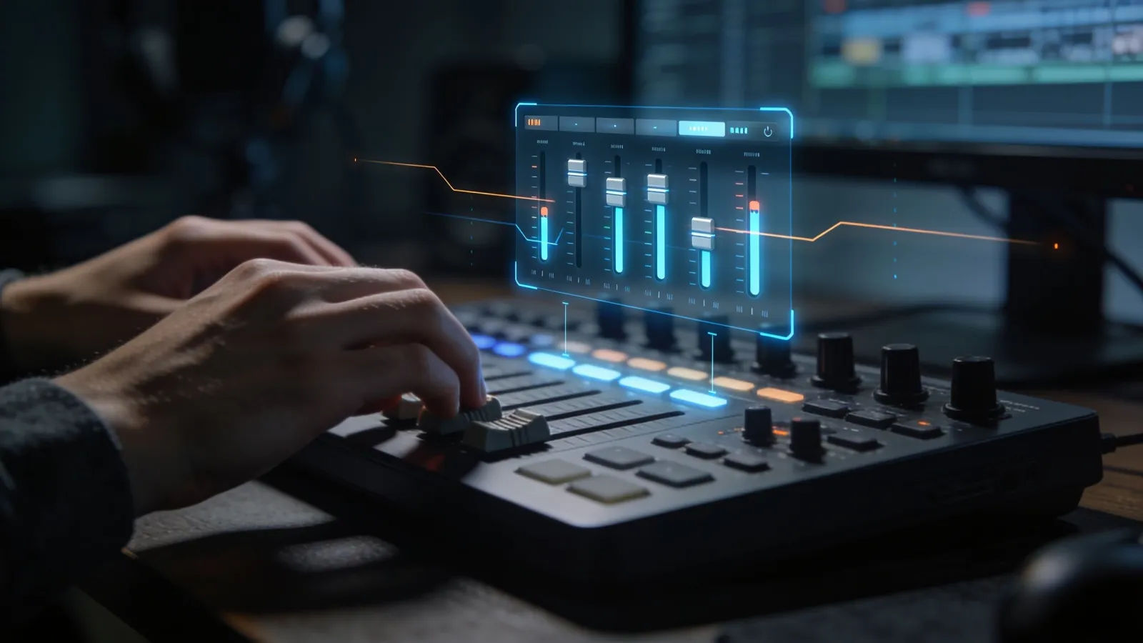 Hands at a streaming console with abstract glowing audio UI