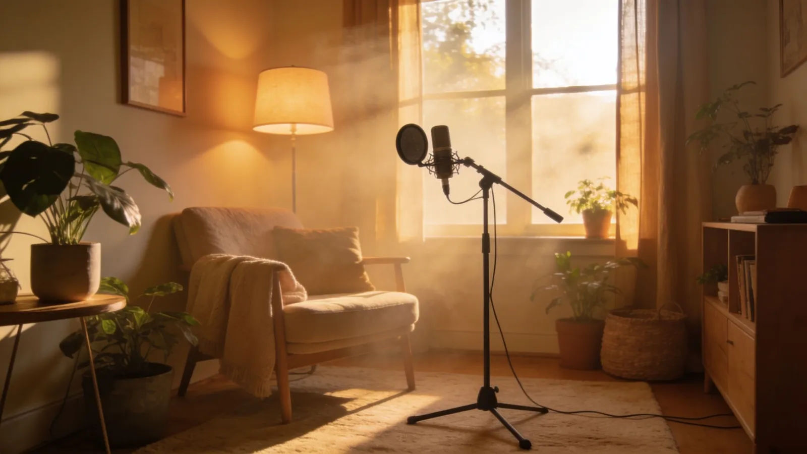 Cozy sunlit home podcasting corner