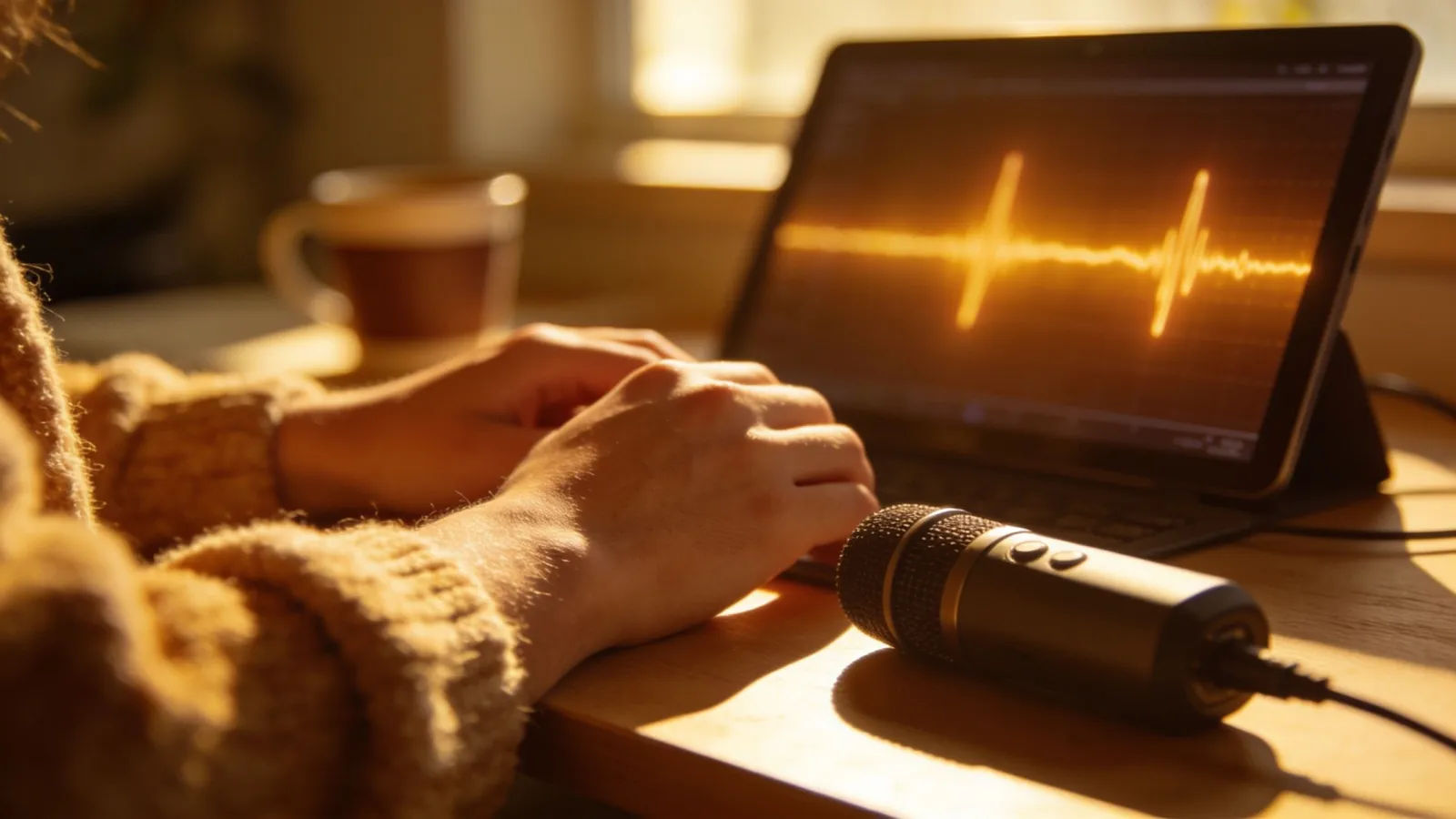 Relaxed hands at cozy warm desk