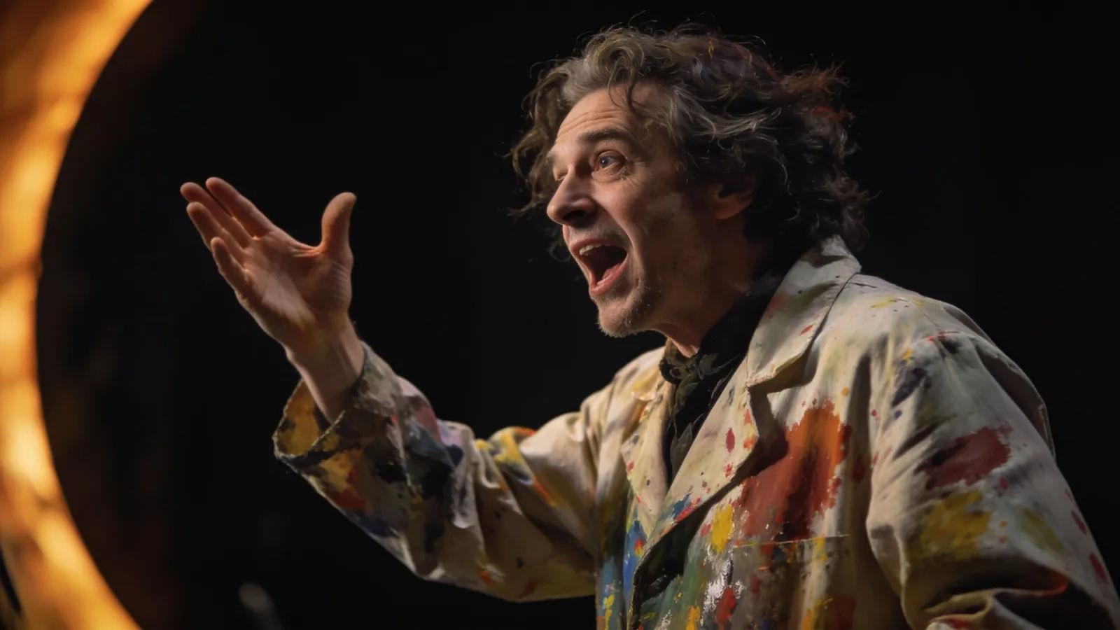 Flamboyant painter gesturing in a cinematic portrait