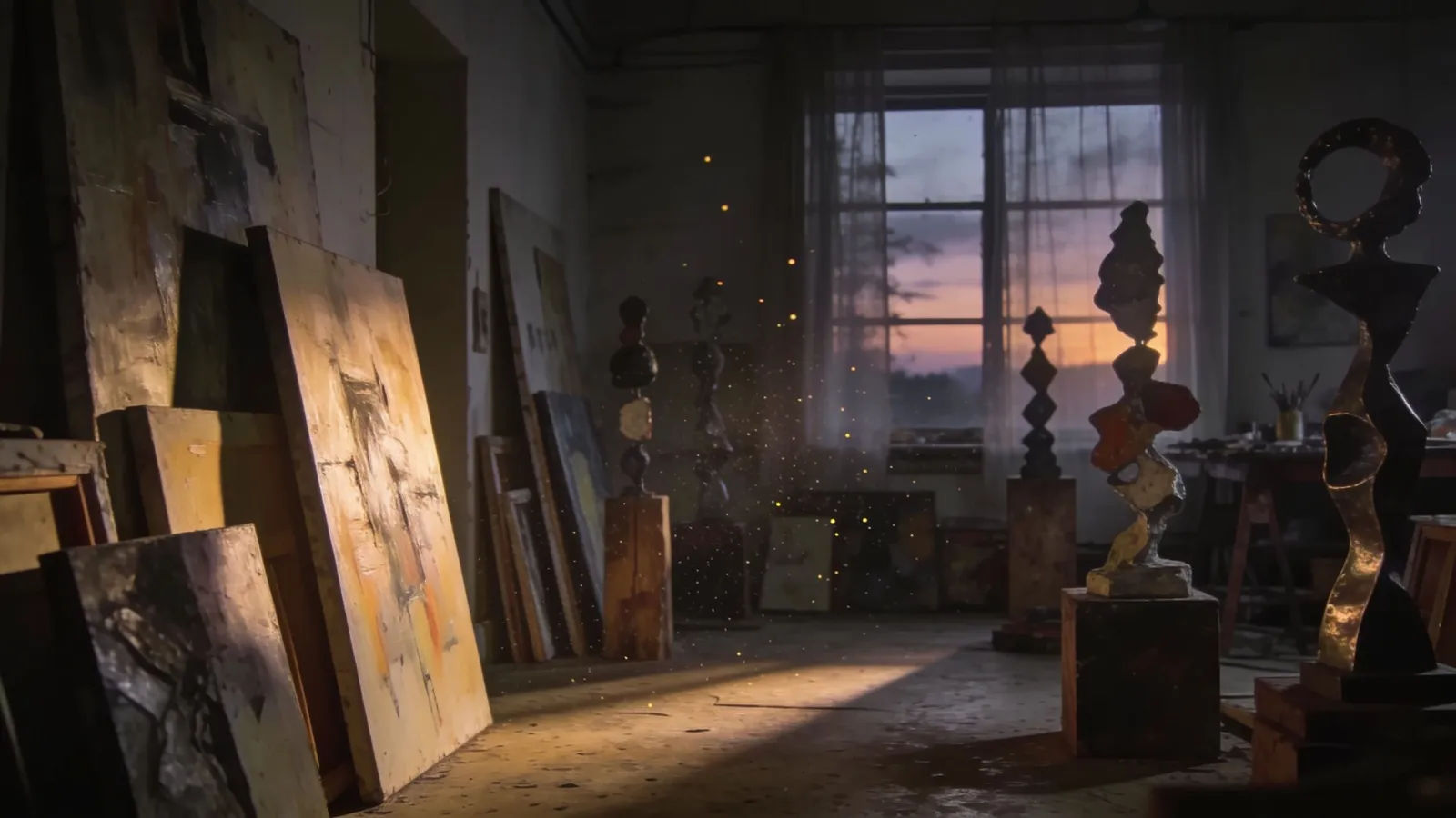 Dim bohemian artist loft studio at dusk