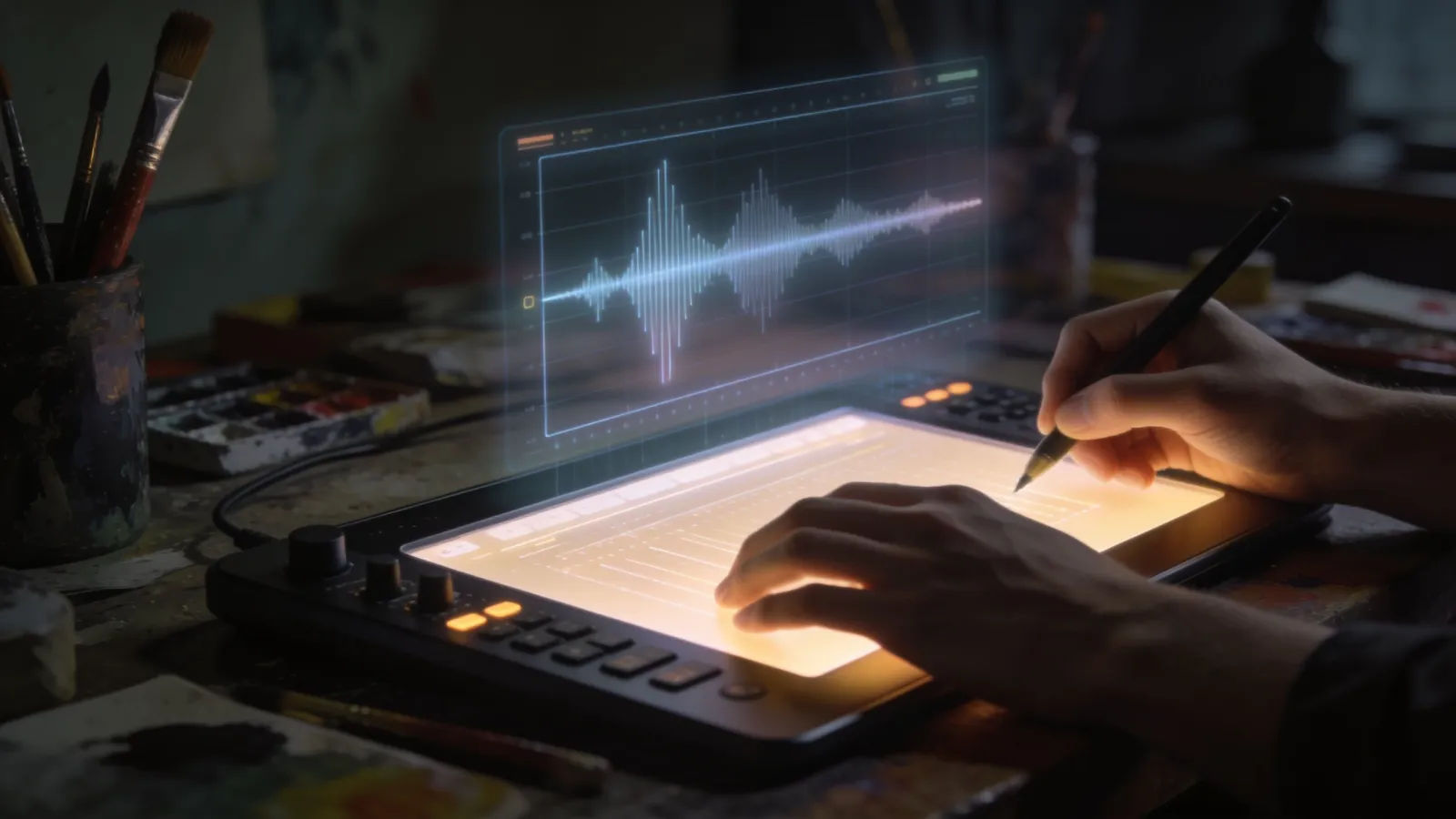 Artist hands at a glowing audio console