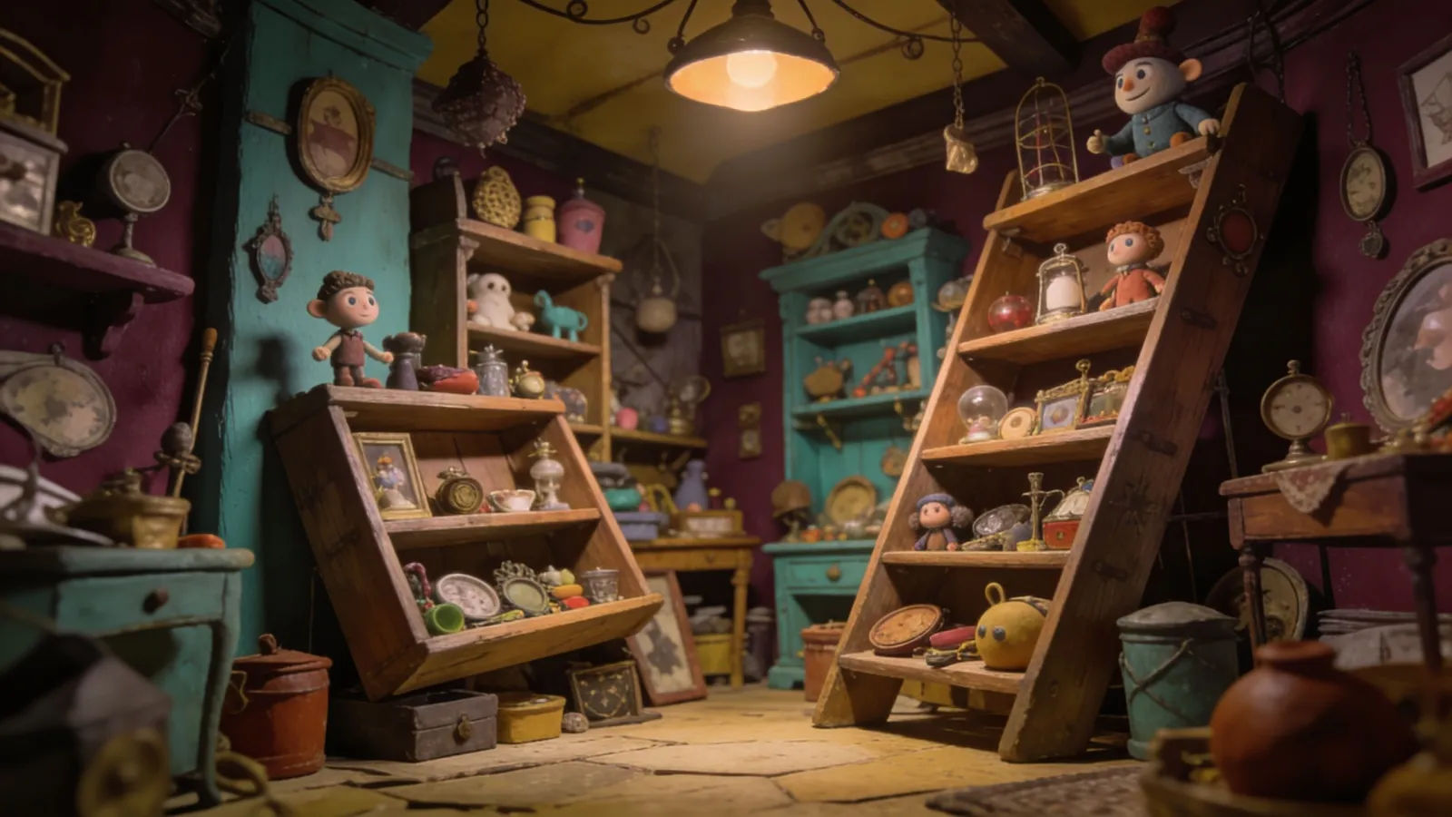 Whimsical cluttered curiosity-shop set
