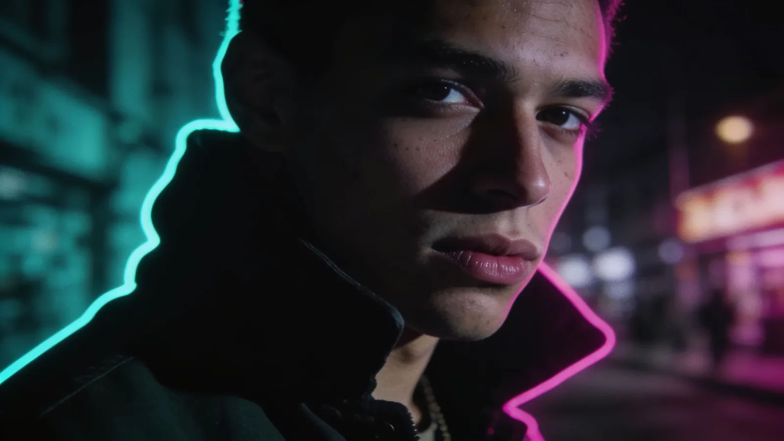 Cool streetwise figure in neon teal magenta light