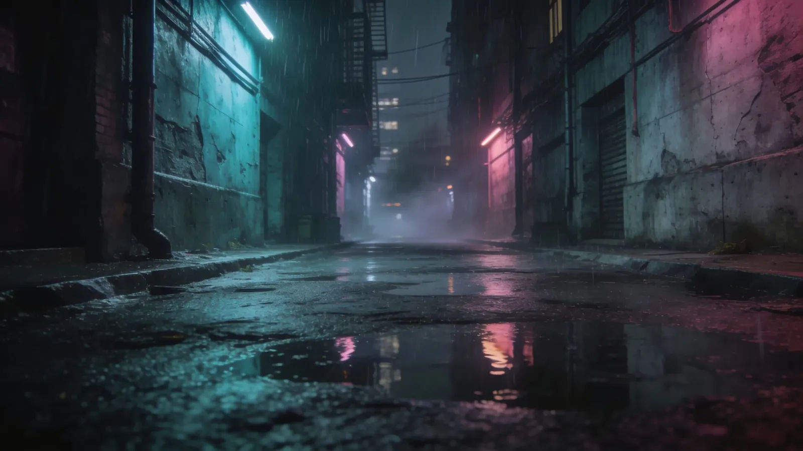 Rain-slick neon urban alley at night