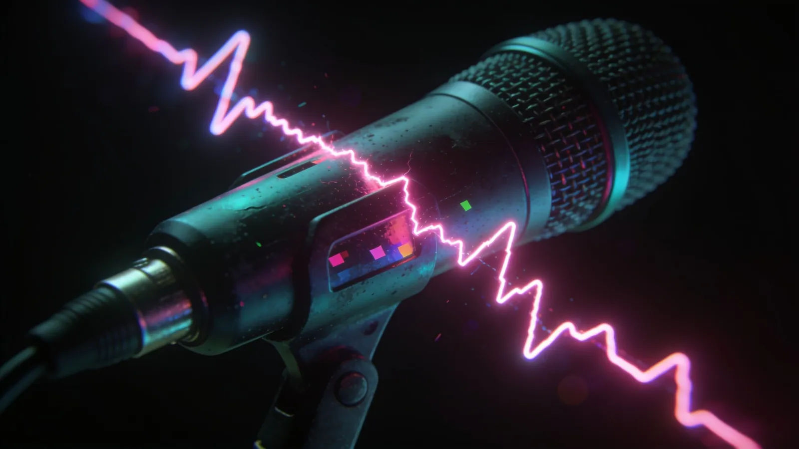 Microphone with jagged neon waveform cutting across
